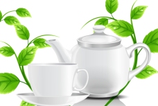 白色茶具与绿叶矢量素材