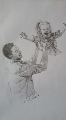 爸爸和女儿素描图片
