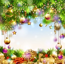 礼物盒节日背景精美圣诞球挂饰背景